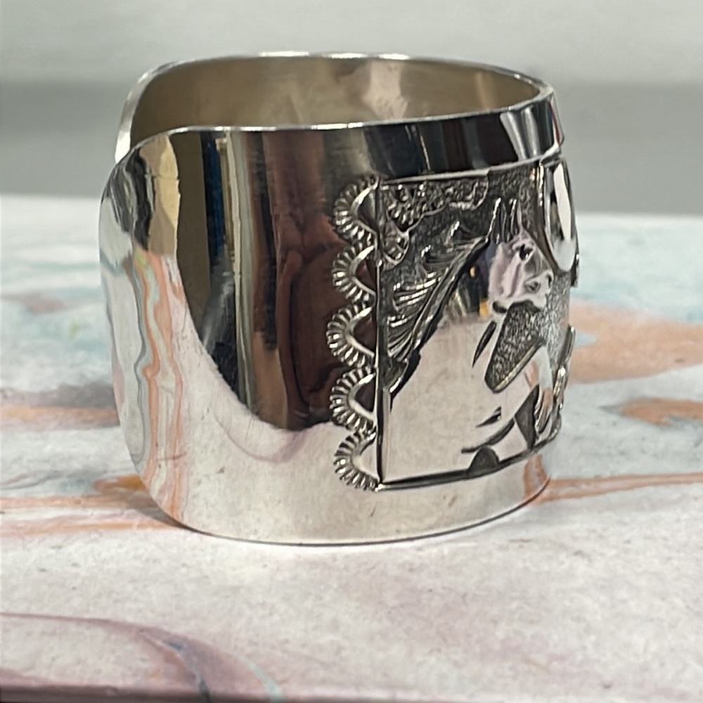 Navajo Floyd Becenti Native American Sterling Silver Overlay Horse Open Bracelet - Picture 5 of 9